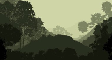 Sis ve orman pus tepeleri ile soyut arka plan.