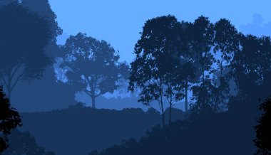 Sis ve orman pus tepeleri ile soyut arka plan.