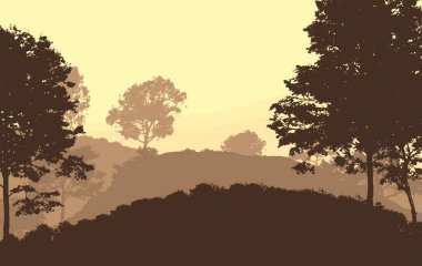 Sis ve orman pus tepeleri ile soyut arka plan.