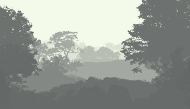 Sis ve orman pus tepeleri ile soyut arka plan.