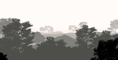 Sis ve orman pus tepeleri ile soyut arka plan.