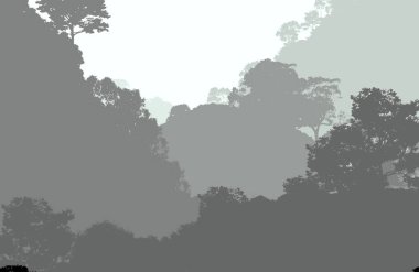 Sis ve orman pus tepeleri ile soyut arka plan.