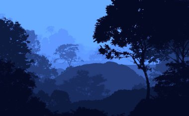 Sis ve orman pus tepeleri ile soyut arka plan.