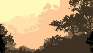 Sis ve orman pus sisli dağlar ile soyut arka plan.