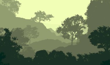 Sis ve orman pus sisli dağlar ile soyut arka plan.