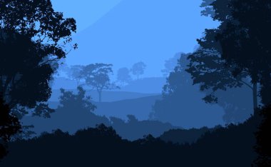 Sis ve orman pus sisli dağlar ile soyut arka plan.