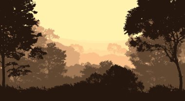 Sis ve orman pus sisli dağlar ile soyut arka plan.