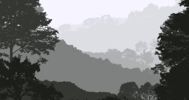 Sis ve orman pus sisli dağlar ile soyut arka plan.