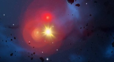 2D çizim. Derin geniş uzay. Parlak yıldızlar, gezegenler, uydular. Çeşitli bilim kurgu yaratıcı arka planlar. Uzay sanatı. Uzaylı güneş sistemleri. Uzaktan. Gerçekçi arka plan derin evren.