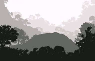 Sis ve orman sis sisli tepeler ile Soyut zemin.