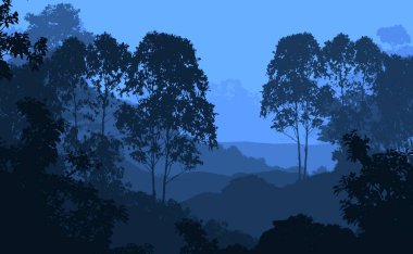 Sis ve orman pus ağaçları ile sisli tepeler ile Soyut zemin.