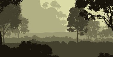 Sis ve orman pus ağaçları ile sisli tepeler ile Soyut zemin.