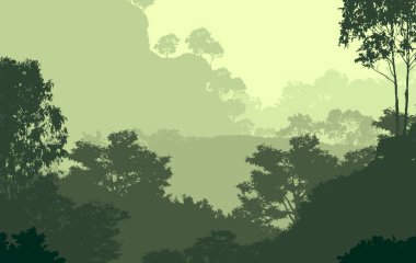 Sis ve orman pus ağaçları ile sisli tepeler ile Soyut zemin.