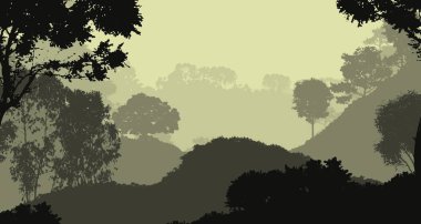 Sis ve orman pus ağaçları ile sisli tepeler ile Soyut zemin.