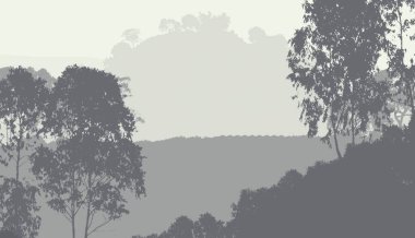 Sis ve orman pus ağaçları ile sisli tepeler ile Soyut zemin.