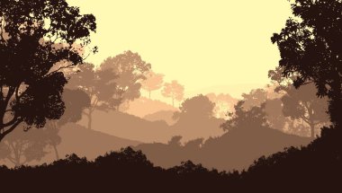 Sis ve orman pus ağaçları ile sisli tepeler ile Soyut zemin.