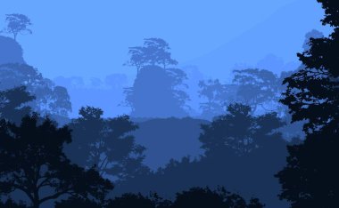 Sis ve orman pus ağaçları ile sisli tepeler ile Soyut zemin.