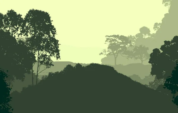 Fondo Abstracto Con Colinas Brumosas Con Árboles Niebla Neblina Forestal —  Fotos de Stock