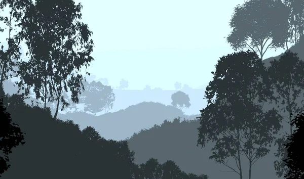 Abstract Backdrop Misty Hills Trees Fog Forest Haze — Stock Photo, Image