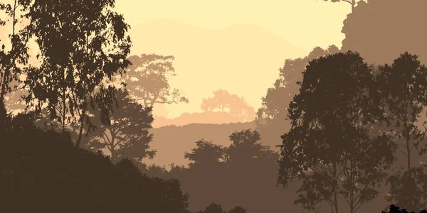 Αφηρημένο Σκηνικό Λόφους Δέντρα Ομίχλη Και Ομίχλη Δάσους — Φωτογραφία Αρχείου
