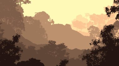 Sis ve orman pus ağaçları ile sisli tepeler ile Soyut zemin.