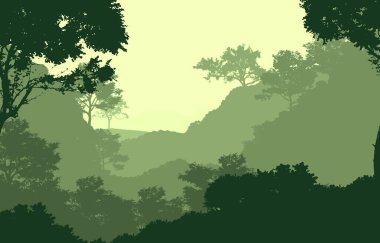 Sis ve orman pus ağaçları ile sisli tepeler ile Soyut zemin.