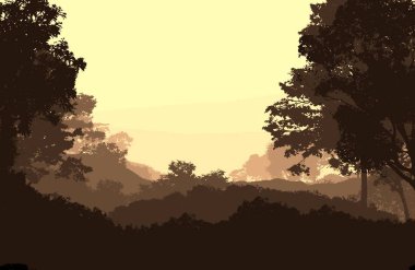 Sis ve orman pus ağaçları ile sisli tepeler ile Soyut zemin.