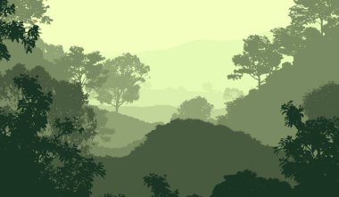 Sis ve orman pus ağaçları ile sisli tepeler ile Soyut zemin.