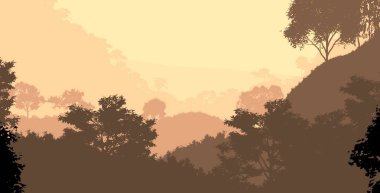 Sis ve orman pus ağaçları ile sisli tepeler ile Soyut zemin.