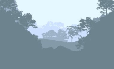 Sis ve orman pus ağaçları ile sisli tepeler ile Soyut zemin.