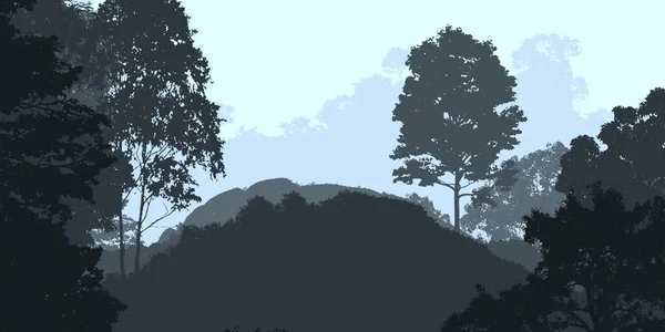 Cenário Abstrato Com Colinas Nebulosas Com Árvores Neblina Neblina Florestal — Fotografia de Stock