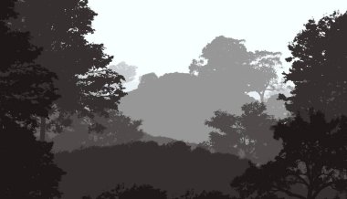 Sis ve orman pus ağaçları ile sisli tepeler ile Soyut zemin.