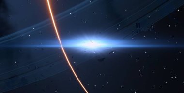 2D çizim. Derin geniş uzay. Parlak yıldızlar, gezegenler, uydular. Çeşitli bilim kurgu yaratıcı arka planlar. Uzay sanatı. Uzaylı güneş sistemleri. Uzaktan. Gerçekçi arka plan derin evren.