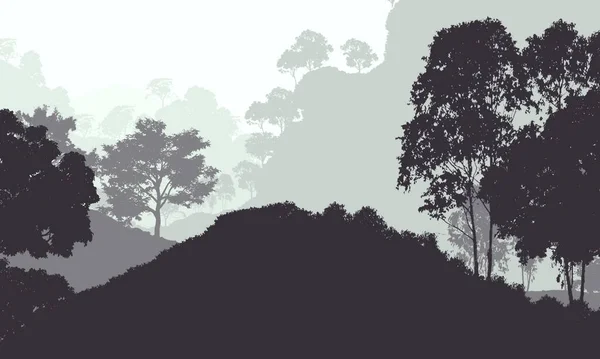 Absztrakt Háttér Ködös Dombok Fák Sziluettek Erdei Ködben — Stock Fotó