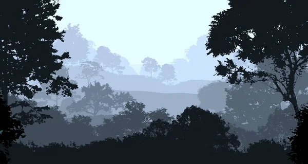 Fondo Abstracto Con Colinas Brumosas Siluetas Árboles Con Neblina Forestal — Foto de Stock