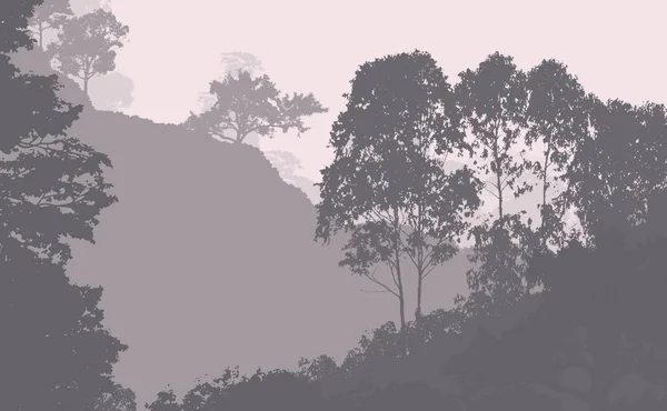 Abstract background with foggy hills and trees silhouettes with forest haze.