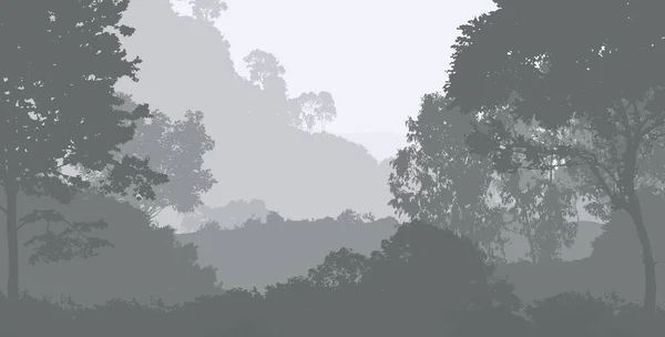 Abstract background with foggy hills and trees silhouettes with forest haze.