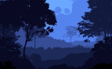 Orman pus ile sisli tepeler ve ağaçlar siluetleri ile soyut arka plan.