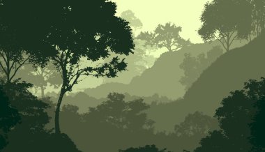 Orman pus ile sisli tepeler ve ağaçlar siluetleri ile soyut arka plan.