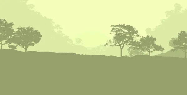 Abstract background with foggy hills and trees silhouettes with forest haze.