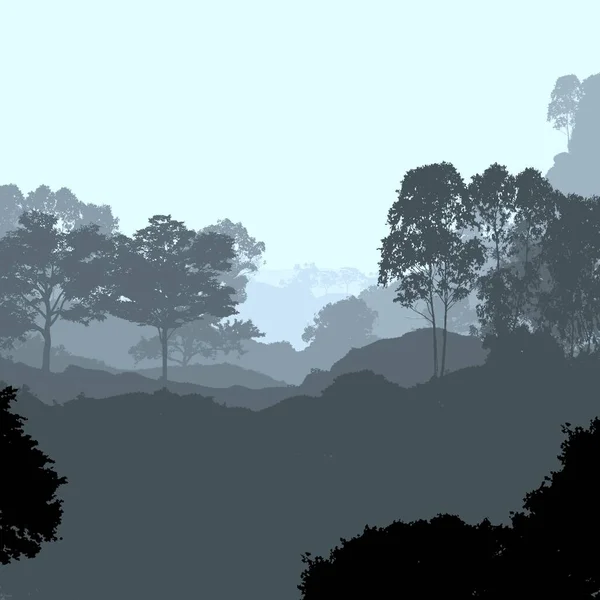 Fundo Abstrato Com Colinas Nebulosas Silhuetas Árvores Com Neblina Florestal — Fotografia de Stock