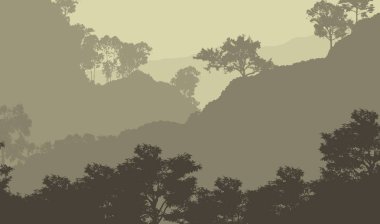 Orman pus ile sisli tepeler ve ağaçlar siluetleri ile soyut arka plan.