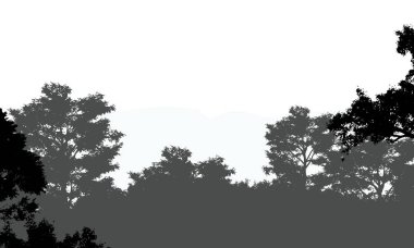 Orman pus ile sisli tepeler ve ağaçlar siluetleri ile soyut arka plan.