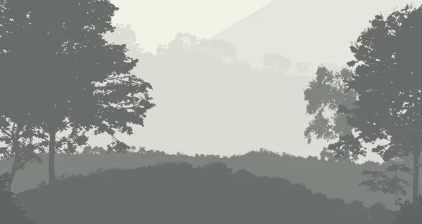 Abstract background with foggy hills and trees silhouettes with forest haze.