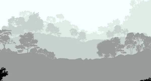 Absztrakt Háttér Ködös Dombok Fák Sziluettek Erdei Ködben — Stock Fotó