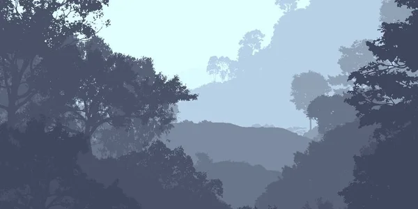 Orman Pus Ile Sisli Tepeler Ağaçlar Siluetleri Ile Soyut Arka — Stok fotoğraf