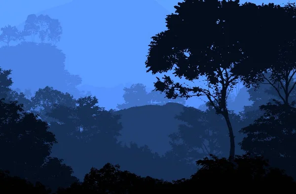 Abstracte Achtergrond Met Mistige Heuvels Bomen Silhouetten Met Forest Haze — Stockfoto