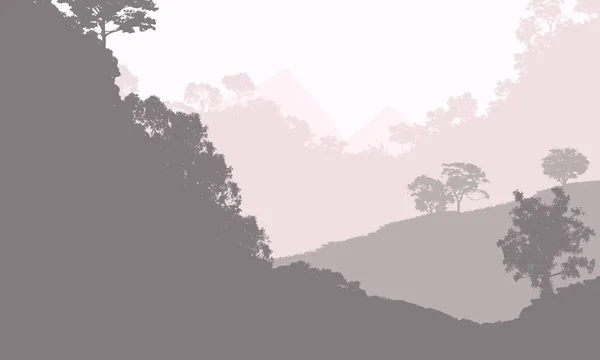 Abstract background with foggy hills and trees silhouettes with forest haze.