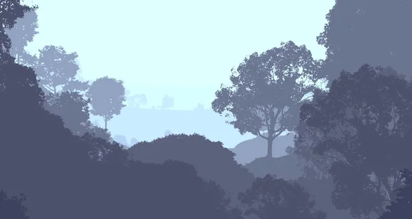 Αφηρημένη Φόντο Ομίχλη Λόφους Και Δέντρα Σιλουέτες Ομίχλη Δάσος — Φωτογραφία Αρχείου