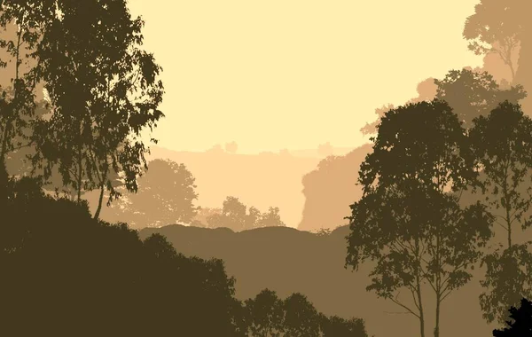 抽象背景与雾山和树木剪影与森林阴霾 — 图库照片